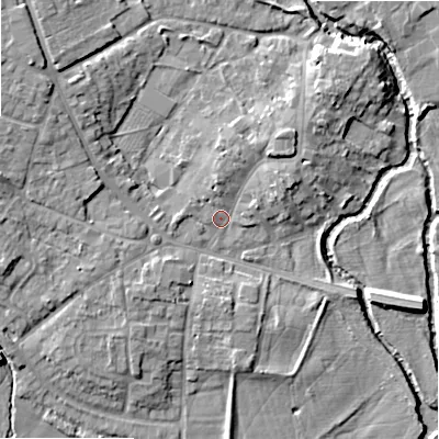 Shaded relief map of the ground around B495AF, computed from Environment Agency LiDAR. The ground here sits at about 40 m above sea level and falls 10 m across the surrounding 800 m. Surface water reaching this point runs off ground lying to the north-east, 4.3 m higher.
