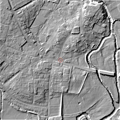 Shaded relief map of the ground around B495AR, computed from Environment Agency LiDAR. The ground here sits at about 39 m above sea level and falls 10 m across the surrounding 800 m. Surface water reaching this point runs off ground lying to the north-north-east, 4.8 m higher.
