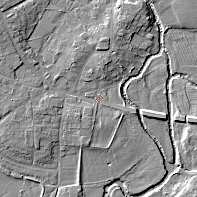 Shaded relief map of the ground around B495AS, computed from Environment Agency LiDAR. The ground here sits at about 40 m above sea level and falls 9 m across the surrounding 800 m. Surface water reaching this point runs off ground lying to the north, 4.8 m higher.