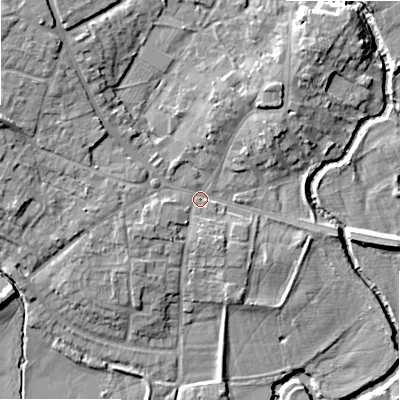 Shaded relief map of the ground around B495AX, computed from Environment Agency LiDAR. The ground here sits at about 40 m above sea level and falls 11 m across the surrounding 800 m. Surface water reaching this point runs off ground lying to the west-south-west, 3.7 m higher.