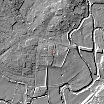 Shaded relief map of the ground around B495AY, computed from Environment Agency LiDAR. The ground here sits at about 41 m above sea level and falls 10 m across the surrounding 800 m. Surface water reaching this point runs off ground lying to the south-south-west, 0.9 m higher.
