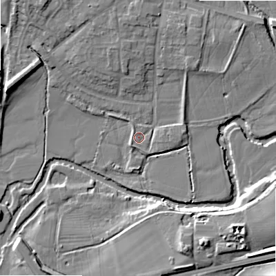 Shaded relief map of the ground around B495AZ, computed from Environment Agency LiDAR. The ground here sits at about 39 m above sea level and falls 14 m across the surrounding 800 m. Surface water reaching this point runs off ground lying to the north-west, 1.1 m higher.