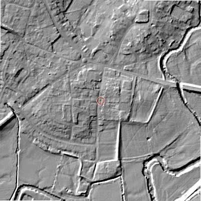 Shaded relief map of the ground around B495BA, computed from Environment Agency LiDAR. The ground here sits at about 41 m above sea level and falls 13 m across the surrounding 800 m. Surface water reaching this point runs off ground lying to the west-north-west, 2.1 m higher.