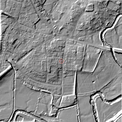 Shaded relief map of the ground around B495BB, computed from Environment Agency LiDAR. The ground here sits at about 41 m above sea level and falls 13 m across the surrounding 800 m. Surface water reaching this point runs off ground lying to the north-west, 2.2 m higher.