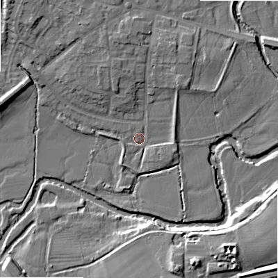 Shaded relief map of the ground around B495BH, computed from Environment Agency LiDAR. The ground here sits at about 39 m above sea level and falls 14 m across the surrounding 800 m. Surface water reaching this point runs off ground lying to the north-north-west, 5.0 m higher.