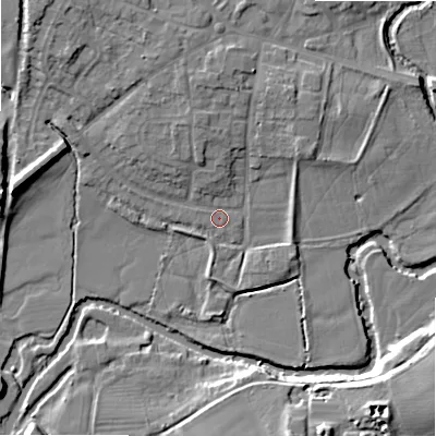 Shaded relief map of the ground around B495BJ, computed from Environment Agency LiDAR. The ground here sits at about 39 m above sea level and falls 14 m across the surrounding 800 m. Surface water reaching this point runs off ground lying to the north-north-west, 4.4 m higher.