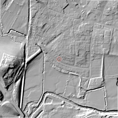 Shaded relief map of the ground around B495BL, computed from Environment Agency LiDAR. The ground here sits at about 40 m above sea level and falls 19 m across the surrounding 800 m. Surface water reaching this point runs off ground lying to the north-north-west, 5.5 m higher.