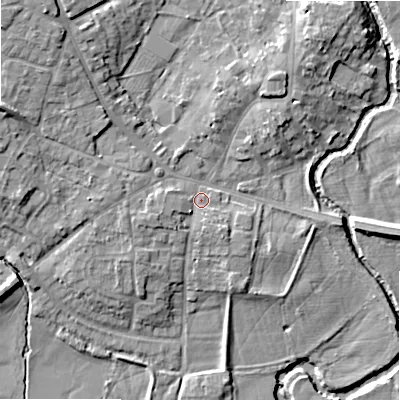 Shaded relief map of the ground around B495BW, computed from Environment Agency LiDAR. The ground here sits at about 40 m above sea level and falls 12 m across the surrounding 800 m. Surface water reaching this point runs off ground lying to the west-south-west, 3.0 m higher.