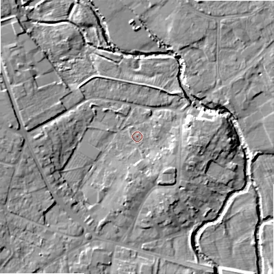 Shaded relief map of the ground around B495DA, computed from Environment Agency LiDAR. The ground here sits at about 41 m above sea level and falls 9 m across the surrounding 800 m. Surface water reaching this point runs off ground lying to the south-east, 3.6 m higher.