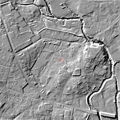 Shaded relief map of the ground around B495DB, computed from Environment Agency LiDAR. The ground here sits at about 40 m above sea level and falls 9 m across the surrounding 800 m. Surface water reaching this point runs off ground lying to the east-south-east, 3.9 m higher.