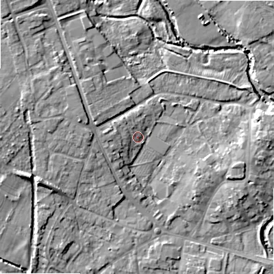 Shaded relief map of the ground around B495DD, computed from Environment Agency LiDAR. The ground here sits at about 42 m above sea level and falls 12 m across the surrounding 800 m. Surface water reaching this point runs off ground lying to the west-south-west, 10.0 m higher.