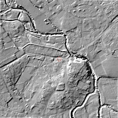 Shaded relief map of the ground around B495DE, computed from Environment Agency LiDAR. The ground here sits at about 40 m above sea level and falls 8 m across the surrounding 800 m. Surface water reaching this point runs off ground lying to the south-east, 4.9 m higher.