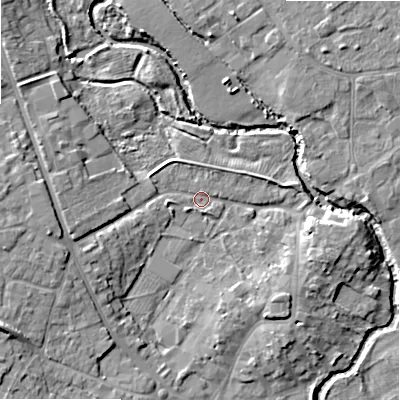 Shaded relief map of the ground around B495DF, computed from Environment Agency LiDAR. The ground here sits at about 41 m above sea level and falls 10 m across the surrounding 800 m. Surface water reaching this point runs off ground lying to the west, 6.3 m higher.