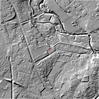 Shaded relief map of the ground around B495DJ, computed from Environment Agency LiDAR. The ground here sits at about 41 m above sea level and falls 12 m across the surrounding 800 m. Surface water reaching this point runs off ground lying to the west-south-west, 4.1 m higher.