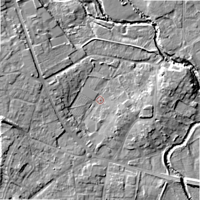 Shaded relief map of the ground around B495DL, computed from Environment Agency LiDAR. The ground here sits at about 40 m above sea level and falls 12 m across the surrounding 800 m. Surface water reaching this point runs off ground lying to the west-south-west, 9.5 m higher.