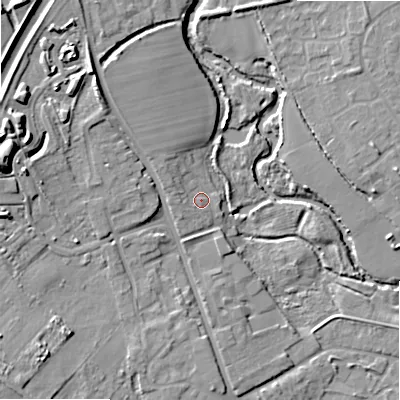 Shaded relief map of the ground around B495DU, computed from Environment Agency LiDAR. The ground here sits at about 44 m above sea level and falls 18 m across the surrounding 800 m. Surface water reaching this point runs off ground lying to the west-north-west, 2.4 m higher.