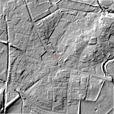 Shaded relief map of the ground around B495DX, computed from Environment Agency LiDAR. The ground here sits at about 40 m above sea level and falls 12 m across the surrounding 800 m. Surface water reaching this point runs off ground lying to the west-north-west, 10.0 m higher.
