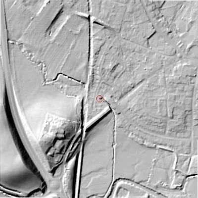 Shaded relief map of the ground around B495HD, computed from Environment Agency LiDAR. The ground here sits at about 41 m above sea level and falls 23 m across the surrounding 800 m. Surface water reaching this point runs off ground lying to the south-west, 15.9 m higher.