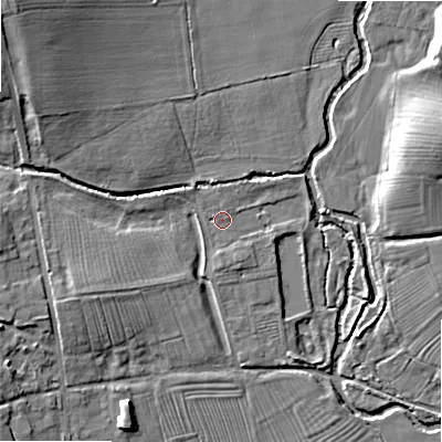 Shaded relief map of the ground around B495JA, computed from Environment Agency LiDAR. The ground here sits at about 52 m above sea level and falls 18 m across the surrounding 800 m. Surface water reaching this point runs off ground lying to the south, 1.4 m higher.