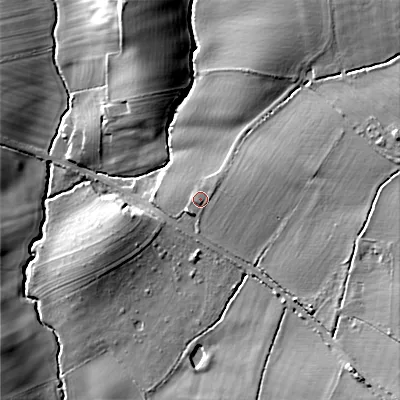 Shaded relief map of the ground around B495LS, computed from Environment Agency LiDAR. The ground here sits at about 79 m above sea level and falls 22 m across the surrounding 800 m. Surface water reaching this point runs off ground lying to the east-north-east, 2.3 m higher.