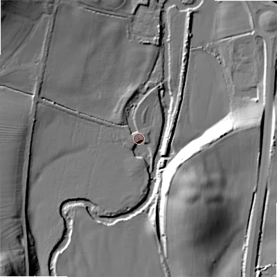 Shaded relief map of the ground around B495NL, computed from Environment Agency LiDAR. The ground here sits at about 37 m above sea level and falls 24 m across the surrounding 800 m. Surface water reaching this point runs off ground lying to the west-north-west, 2.7 m higher.