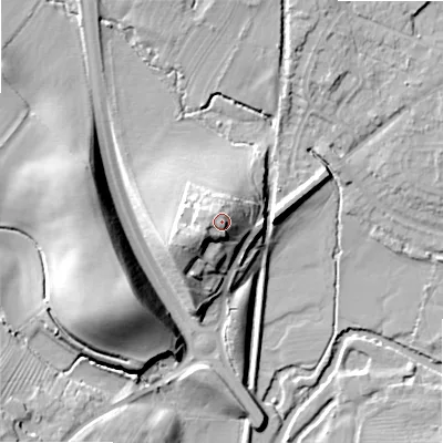 Shaded relief map of the ground around B495PH, computed from Environment Agency LiDAR. The ground here sits at about 54 m above sea level and falls 23 m across the surrounding 800 m. Surface water reaching this point runs off ground lying to the south-west, 1.7 m higher.