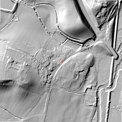 Shaded relief map of the ground around B495PJ, computed from Environment Agency LiDAR. The ground here sits at about 45 m above sea level and falls 25 m across the surrounding 800 m. Surface water reaching this point runs off ground lying to the west, 5.1 m higher.