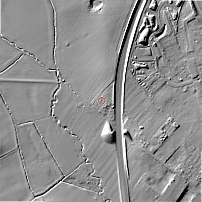Shaded relief map of the ground around B495PS, computed from Environment Agency LiDAR. The ground here sits at about 50 m above sea level and falls 14 m across the surrounding 800 m. Surface water reaching this point runs off ground lying to the north-north-east, 2.3 m higher.