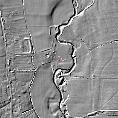 Shaded relief map of the ground around B495QG, computed from Environment Agency LiDAR. The ground here sits at about 46 m above sea level and falls 8 m across the surrounding 800 m. Surface water reaching this point runs off ground lying to the north-west, 2.5 m higher.