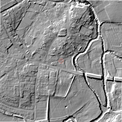 Shaded relief map of the ground around B495QP, computed from Environment Agency LiDAR. The ground here sits at about 40 m above sea level and falls 9 m across the surrounding 800 m. Surface water reaching this point runs off ground lying to the north, 5.1 m higher.