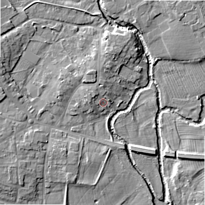 Shaded relief map of the ground around B495QR, computed from Environment Agency LiDAR. The ground here sits at about 41 m above sea level and falls 8 m across the surrounding 800 m. Surface water reaching this point runs off ground lying to the north, 3.2 m higher.