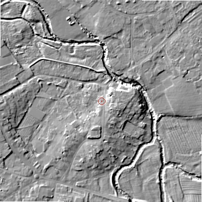 Shaded relief map of the ground around B495QX, computed from Environment Agency LiDAR. The ground here sits at about 42 m above sea level and falls 8 m across the surrounding 800 m. Surface water reaching this point runs off ground lying to the south-east, 3.5 m higher.