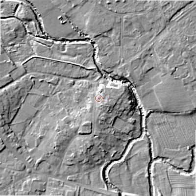 Shaded relief map of the ground around B495QY, computed from Environment Agency LiDAR. The ground here sits at about 43 m above sea level and falls 8 m across the surrounding 800 m. Surface water reaching this point runs off ground lying to the south-south-east, 2.2 m higher.