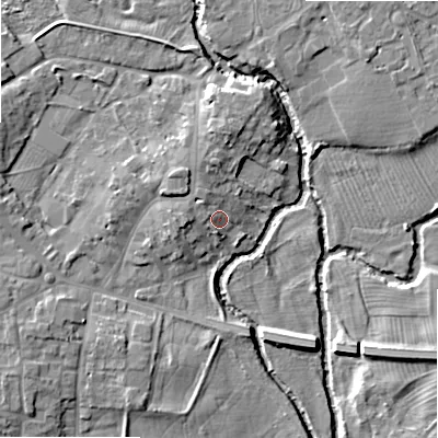 Shaded relief map of the ground around B495RA, computed from Environment Agency LiDAR. The ground here sits at about 42 m above sea level and falls 8 m across the surrounding 800 m. Surface water reaching this point runs off ground lying to the north-north-west, 2.4 m higher.