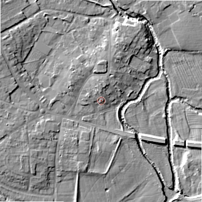 Shaded relief map of the ground around B495RB, computed from Environment Agency LiDAR. The ground here sits at about 41 m above sea level and falls 8 m across the surrounding 800 m. Surface water reaching this point runs off ground lying to the north, 3.1 m higher.