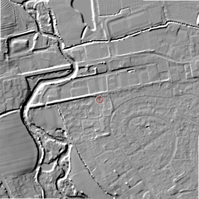 Shaded relief map of the ground around B496AE, computed from Environment Agency LiDAR. The ground here sits at about 44 m above sea level and falls 10 m across the surrounding 800 m. Surface water reaching this point runs off ground lying to the east-south-east, 1.4 m higher.