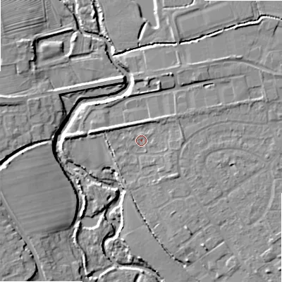 Shaded relief map of the ground around B496AF, computed from Environment Agency LiDAR. The ground here sits at about 43 m above sea level and falls 11 m across the surrounding 800 m. Surface water reaching this point runs off ground lying to the east, 2.0 m higher.