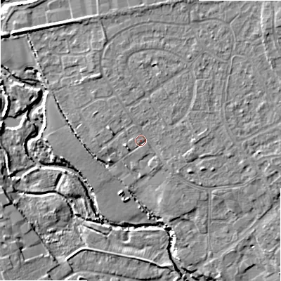 Shaded relief map of the ground around B496AG, computed from Environment Agency LiDAR. The ground here sits at about 44 m above sea level and falls 9 m across the surrounding 800 m. Surface water reaching this point runs off ground lying to the north-north-east, 2.3 m higher.