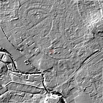 Shaded relief map of the ground around B496AQ, computed from Environment Agency LiDAR. The ground here sits at about 44 m above sea level and falls 13 m across the surrounding 800 m. Surface water reaching this point runs off ground lying to the north, 1.1 m higher.