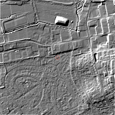 Shaded relief map of the ground around B496AR, computed from Environment Agency LiDAR. The ground here sits at about 45 m above sea level and falls 12 m across the surrounding 800 m. Surface water reaching this point runs off ground lying to the east, 10.2 m higher.