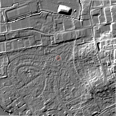 Shaded relief map of the ground around B496AS, computed from Environment Agency LiDAR. The ground here sits at about 45 m above sea level and falls 14 m across the surrounding 800 m. The ground contributing surface water to this point lies to the north-east.