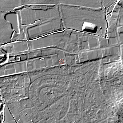 Shaded relief map of the ground around B496AT, computed from Environment Agency LiDAR. The ground here sits at about 45 m above sea level and falls 14 m across the surrounding 800 m. Surface water reaching this point runs off ground lying to the north-west, 1.2 m higher.
