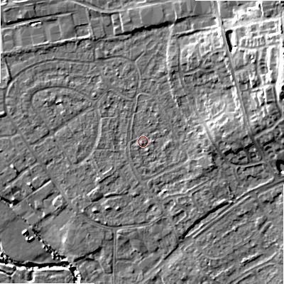 Shaded relief map of the ground around B496AZ, computed from Environment Agency LiDAR. The ground here sits at about 44 m above sea level and falls 20 m across the surrounding 800 m. Surface water reaching this point runs off ground lying to the north-north-east, 2.9 m higher.