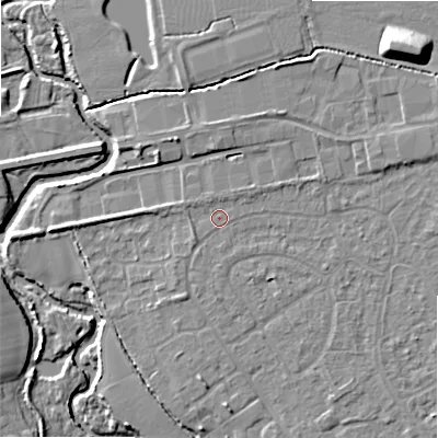 Shaded relief map of the ground around B496BA, computed from Environment Agency LiDAR. The ground here sits at about 44 m above sea level and falls 14 m across the surrounding 800 m. Surface water reaching this point runs off ground lying to the north-north-west, 1.0 m higher.