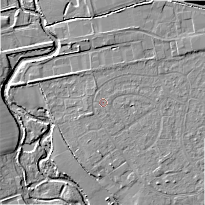 Shaded relief map of the ground around B496BB, computed from Environment Agency LiDAR. The ground here sits at about 44 m above sea level and falls 14 m across the surrounding 800 m. The ground contributing surface water to this point lies to the north-north-west.
