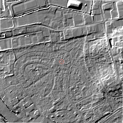 Shaded relief map of the ground around B496BD, computed from Environment Agency LiDAR. The ground here sits at about 45 m above sea level and falls 14 m across the surrounding 800 m. The ground contributing surface water to this point lies to the north.