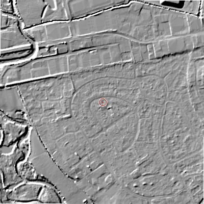 Shaded relief map of the ground around B496BE, computed from Environment Agency LiDAR. The ground here sits at about 44 m above sea level and falls 14 m across the surrounding 800 m. Surface water reaching this point runs off ground lying to the north, 3.1 m higher.