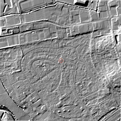 Shaded relief map of the ground around B496BG, computed from Environment Agency LiDAR. The ground here sits at about 44 m above sea level and falls 14 m across the surrounding 800 m. Surface water reaching this point runs off ground lying to the east-north-east, 6.8 m higher.