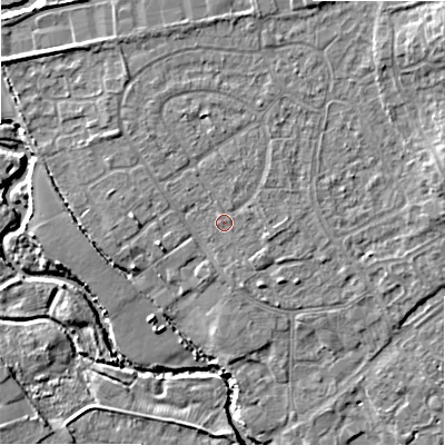 Shaded relief map of the ground around B496BH, computed from Environment Agency LiDAR. The ground here sits at about 44 m above sea level and falls 11 m across the surrounding 800 m. Surface water reaching this point runs off ground lying to the north-north-east, 2.7 m higher.