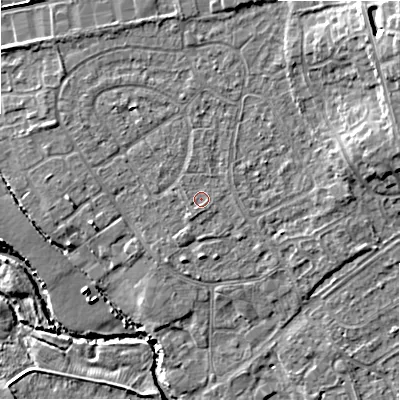 Shaded relief map of the ground around B496BL, computed from Environment Agency LiDAR. The ground here sits at about 44 m above sea level and falls 14 m across the surrounding 800 m. Surface water reaching this point runs off ground lying to the south-south-west, 0.7 m higher.